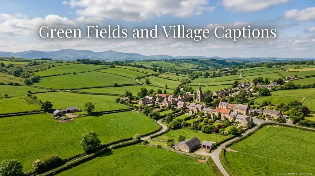 Green Fields and Village Captions